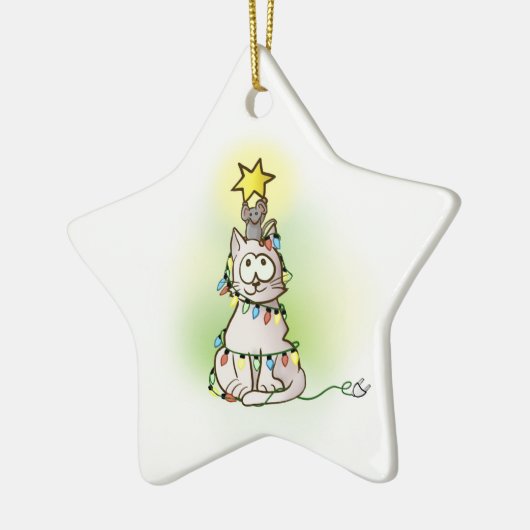 kerstboomkat en muis met glimmende ster keramisch ornament (Links)