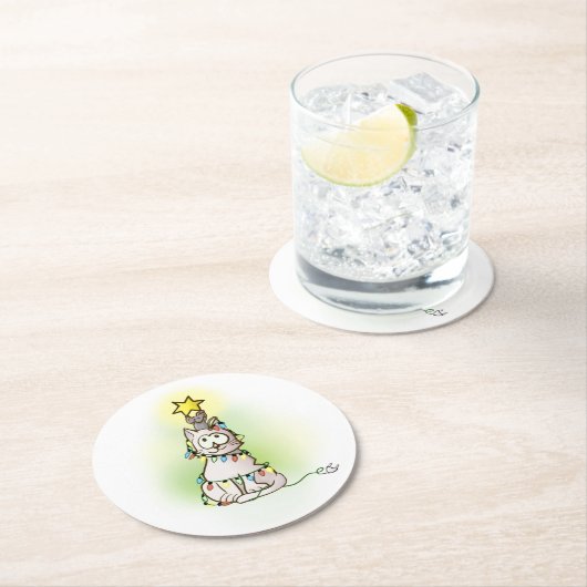 kerstboomkat en muis met klein Star-chassis Ronde Kartonnen Onderzetter (Insitu)