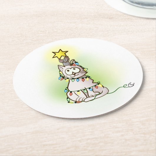 kerstboomkat en muis met klein Star-chassis Ronde Kartonnen Onderzetter (Gebogen)