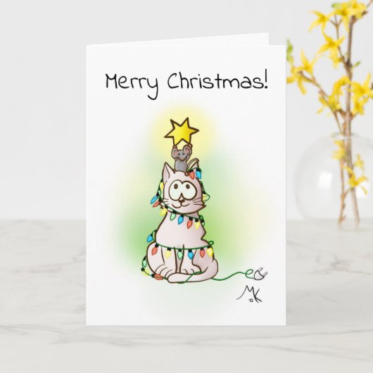 kerstboomkat en muis met ster kaart (Gele Bloem)
