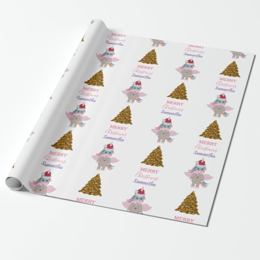 kerstboomkerstboom met kerstmis unicorn Santa Hat  Cadeaupapier (Uitgerold)