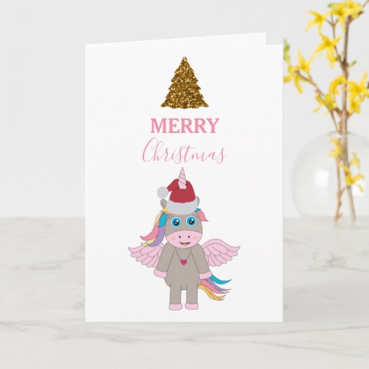 kerstboomkerstboom met kerstmis unicorn Santa Hat  Kaart (Gele Bloem)