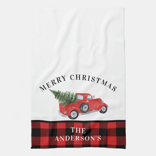  kerstboomklooster met Red Truck Theedoek (Verticaal)