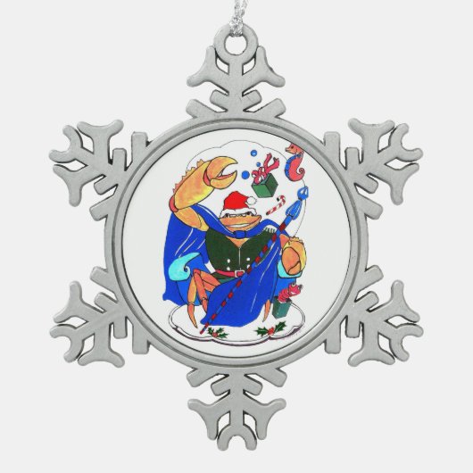 kerstboomkoning krab en cadeautjes Ontworpen Tin Sneeuwvlok Ornament (Voorkant)