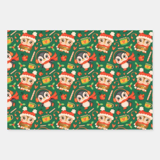kerstboomkor en pinguïn Festive Green Inpakpapier Vel (Voorkant)