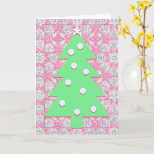  kerstboomkunst in roze en groen kaart (Gele Bloem)