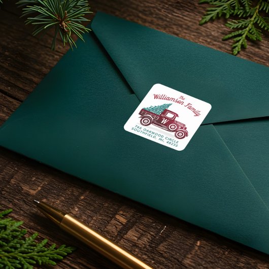  kerstboommonogram rood vrachtwagen vierkante sticker