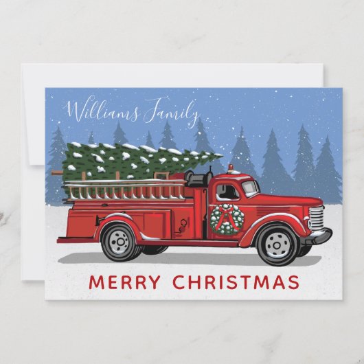 kerstboommonogram voor Red Fire Truck Feestdagenkaart (Voorkant)