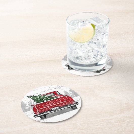  kerstboomnaam rode vrachtwagen ronde kartonnen onderzetter (Insitu)