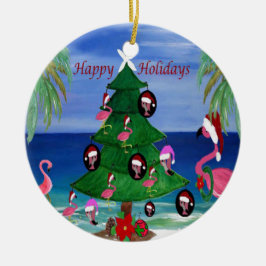 Kerstboomornament met flamingofamilie en kerstman keramisch ornament