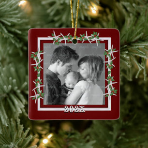 Kerstboomornament met hulst en zeester familie fot keramisch ornament