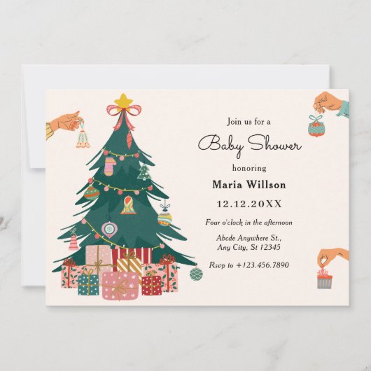 Kerstboomornamenten decoratie babyschower kaart (Voorkant)