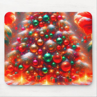 Kerstboomornamenten in groen rood + geel op muismat