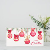 Kerstboomornamenten van rood goud feestdagenkaart (Staand voorkant)