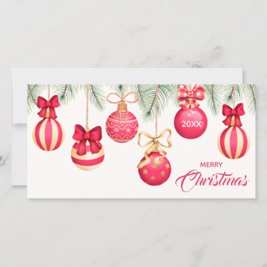 Kerstboomornamenten van rood goud feestdagenkaart (Voorkant)