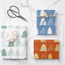 Kerstboompatroon in Retro Groen Blauw Rosbruin Inpakpapier Vel