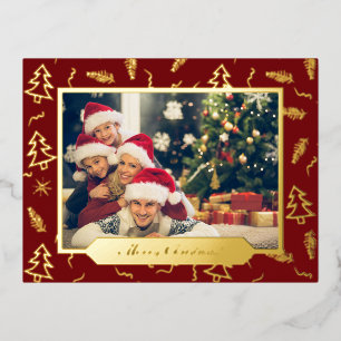 Kerstboompatroon Rode foto Gold Folie Feestdagen Briefkaart