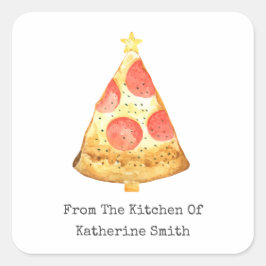 kerstboompepperoni pizza uit de keuken van vierkante sticker