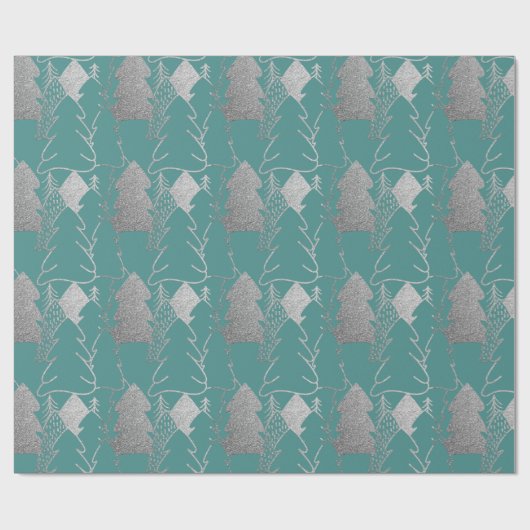 kerstboompluis Blauwgroen Zilver Glitter Wood Cadeaupapier (Vlak)