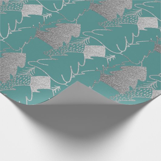 kerstboompluis Blauwgroen Zilver Glitter Wood Cadeaupapier (Hoek)