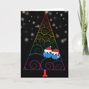 kerstboomregenboog en twee eigenaars feestdagen kaart