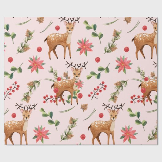 kerstboomroze bessen deerpapier cadeaupapier (Vlak)