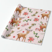 kerstboomroze bessen deerpapier cadeaupapier (Uitgerold)