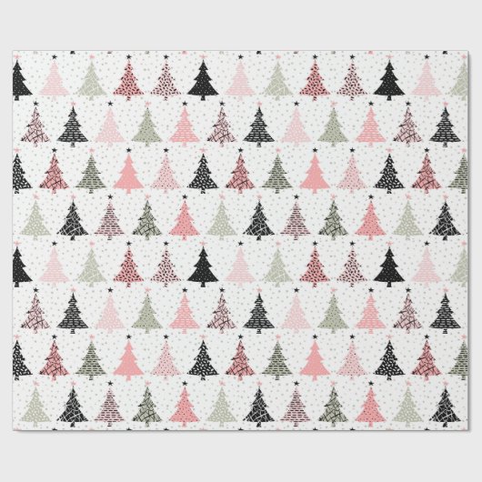 Kerstboomroze en groen met witte achtergrond cadeaupapier (Vlak)