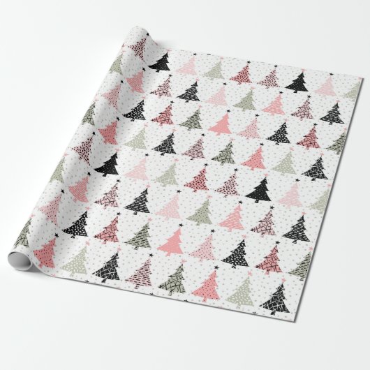 Kerstboomroze en groen met witte achtergrond cadeaupapier (Uitgerold)