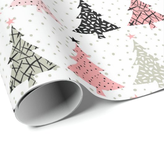 Kerstboomroze en groen met witte achtergrond cadeaupapier (Rol Hoek)