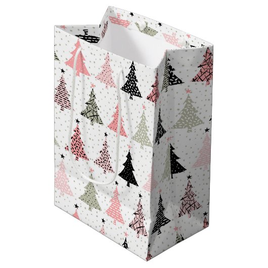 Kerstboomroze en groen met witte achtergrond medium cadeauzakje (Voorkant Gekanteld)