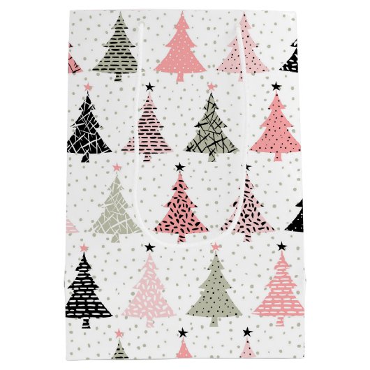 Kerstboomroze en groen met witte achtergrond medium cadeauzakje (Achterkant)