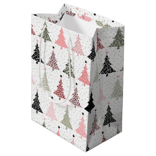 Kerstboomroze en groen met witte achtergrond medium cadeauzakje (Achterkant Gekanteld)