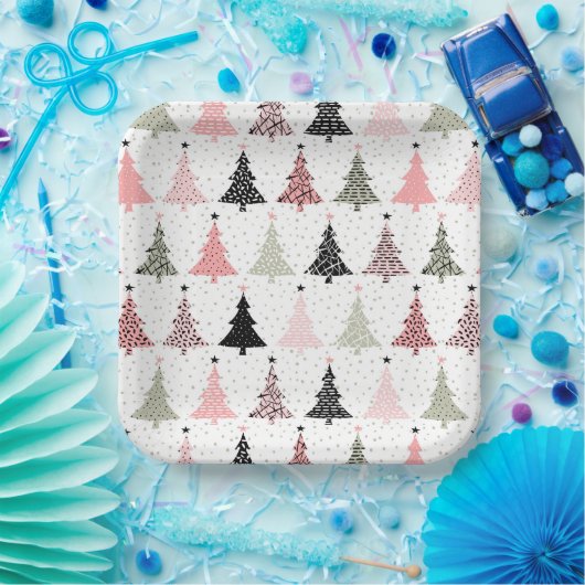 Kerstboomroze en groen met witte achtergrond papieren bordje (Feest)