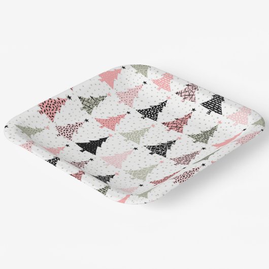 Kerstboomroze en groen met witte achtergrond papieren bordje (Gebogen)