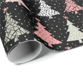 kerstboomroze en groen met zwarte achtergrond cadeaupapier (Rol Hoek)