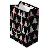 kerstboomroze en groen met zwarte achtergrond medium cadeauzakje (Voorkant Gekanteld)
