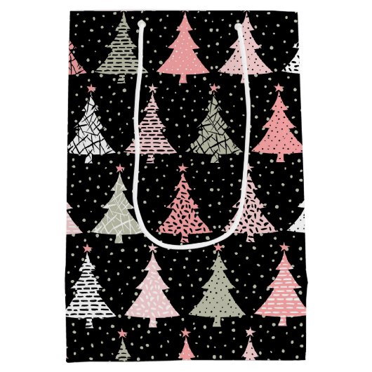 kerstboomroze en groen met zwarte achtergrond medium cadeauzakje (Achterkant)