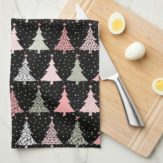 kerstboomroze en groen met zwarte achtergrond theedoek (Quarter Fold)