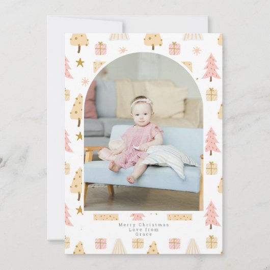 kerstboomroze patroonfoto Aangepast Feestdagenkaart (Voorkant)