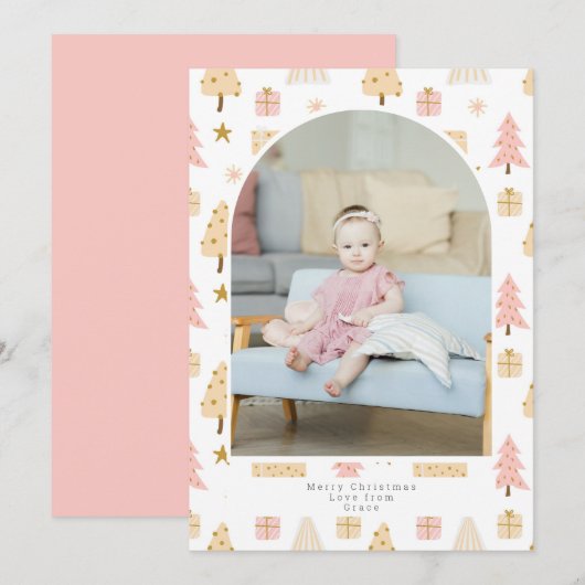 kerstboomroze patroonfoto Aangepast Feestdagenkaart (Voorkant / Achterkant)