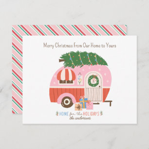 kerstboomroze  Retro Camper Monogram Feestdagenkaart