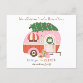 kerstboomroze  Retro Camper Monogram Feestdagenkaart