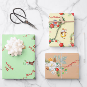 kerstboomschottenfamilie met naam cadeautjes inpakpapier vel