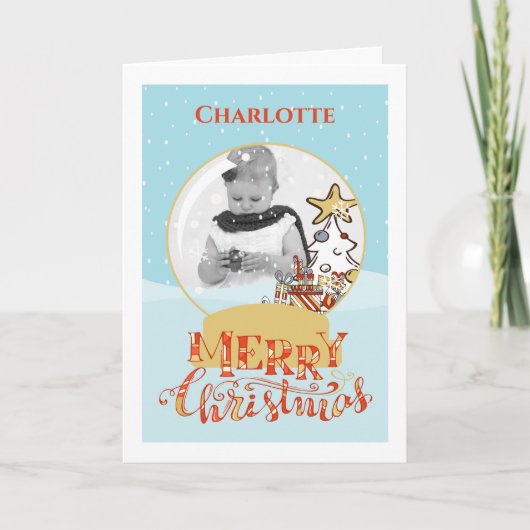 kerstboomsneeuwfotokaart met Wereldbol Feestdagen Kaart (Voorkant)