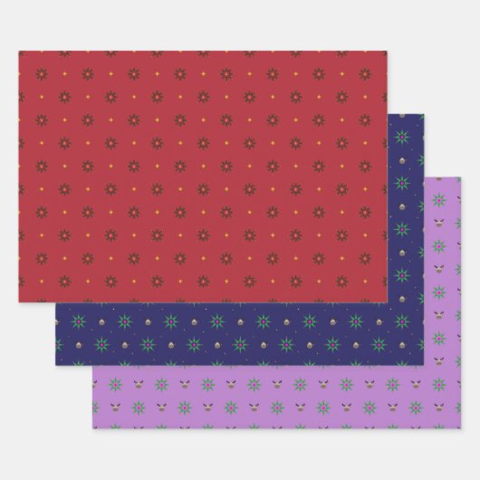 Kerstboomster op rood, blauw, paarse inpakpapier vel (Set)