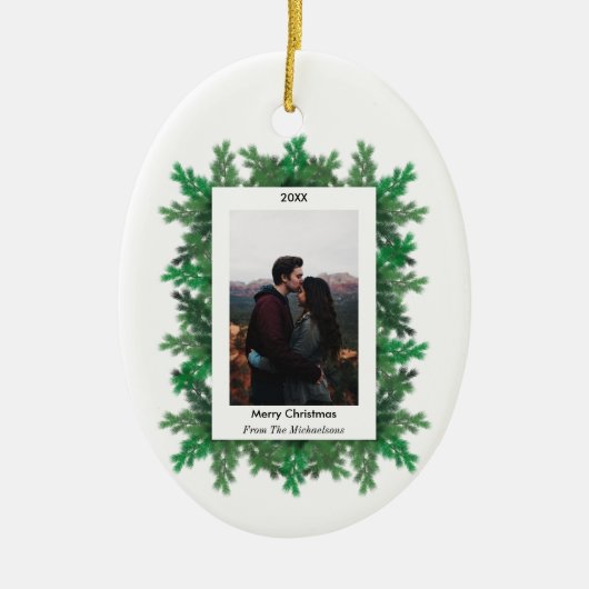 Kerstboomtak Foto Keramisch Ornament (Voorkant)