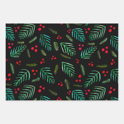 Kerstboomtakken en bessen - donker inpakpapier vel (Voorkant)