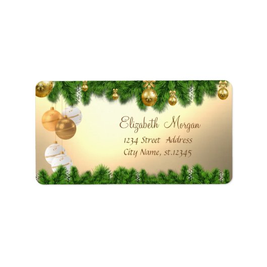 Kerstboomtakken, kerstballen etiket (Voorkant)