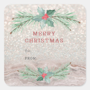 Kerstboomtakken met rode bessen. vierkante sticker